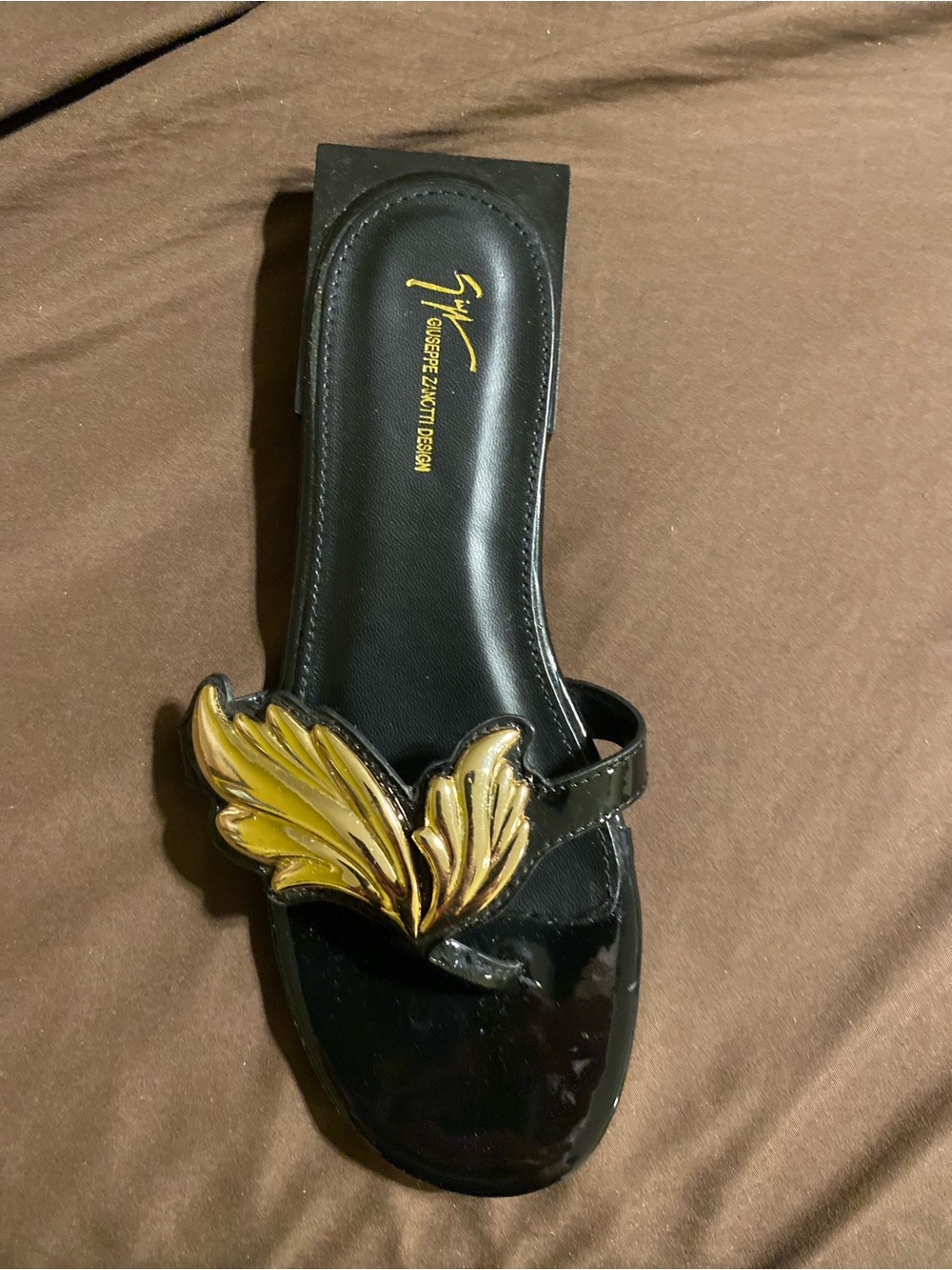 Giuseppe Zanotti Black Sandal with Gold Leaf Ornament
